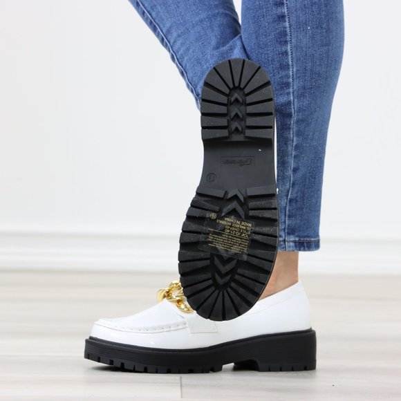 White Patent Chunky Lug Sole Slip On Penny Loafers Platform With Gold Chain - Picture 15 of 16